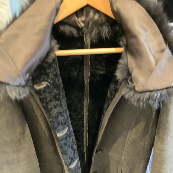 Suede shearling brown coat jacket sheepskin Pasha & Jo Small fur collar - Picture 3 of 9